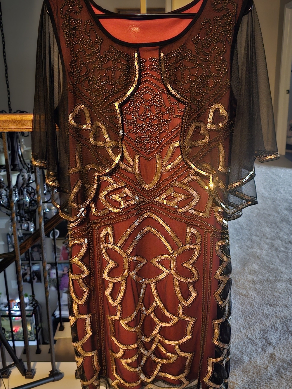 Embellished Burgundy & Black Sheer Sleeve Dress